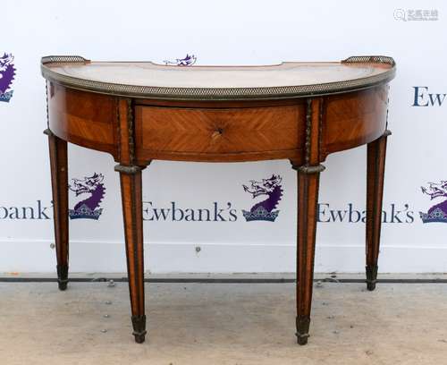 Late 19th century French rosewood and mahogany demi-lune desk with brass galleried back, two drawers