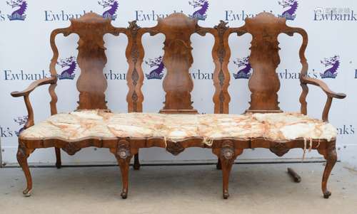 18th century and later beech framed and walnut veneered chair back sofa with carved and applied