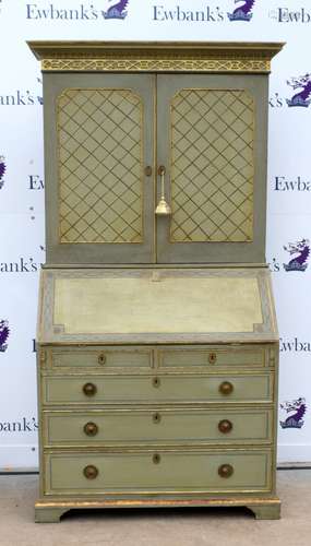 Early 20th century green and gilt painted oak bureau cabinet with shelves over fall flap with pigeon