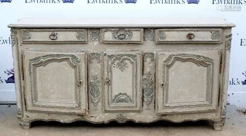 Late 19th century Continental grey and blue painted sideboard with three drawers over cupboards on