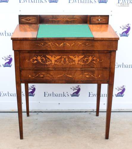 19th century mahogany bureau, the slope front with raised back and two drawers with marquetry inlaid