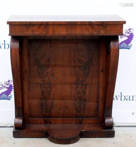 19th century mahogany console table on scrolling supports and shaped base, h88cm x w74.5cm x d31cm,