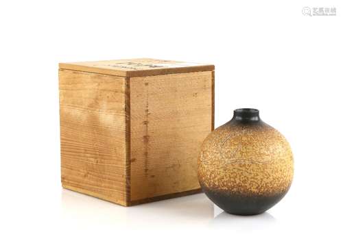 Modern Japanese vase in brown glazes with incised decoration, impressed mark to foot rim, label to