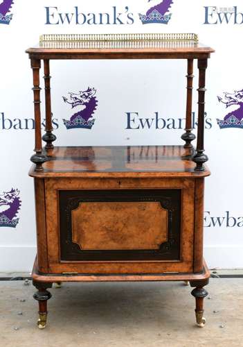 Victorian burr walnut and ebonised two tier whatnot, with fall flap on turned supports, h98cm x