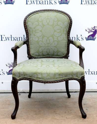 19th century mahogany framed open armchair with carved arms and cabriole legs,