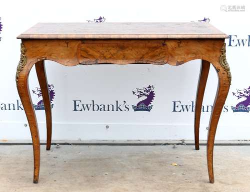 19th century walnut and rosewood cross banded and gilt metal mounted side table, with floral