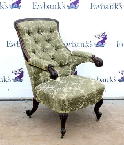 19th century stained walnut framed open armchair with scroll carved arms and cabriole legs,