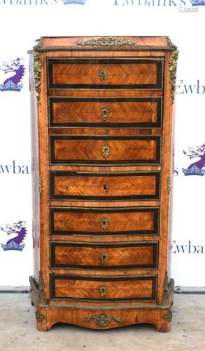 19th century French kingwood and brass mounted serpentine bureau with marble top, fall flap