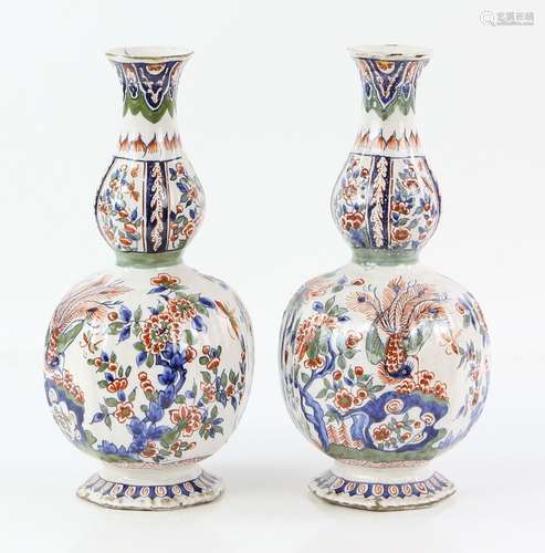 Dutch Delft polychrome octagonal gourd vases, 19th century, chinoiserie decoration with flowers