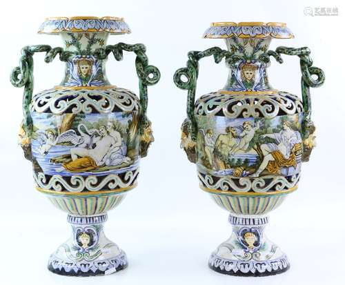 Pair of 19th / 20th century Italian majolica Cantagalli style snake handle urn vases, with Roman