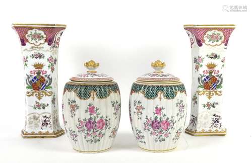 A pair of Sampson armorial vases in famille rose palette of hexagonal form 30 cm high and a pair