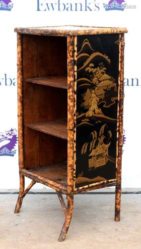 Chinoiserie black lacquered rattan open bookcase, the black lacquered top and side panels