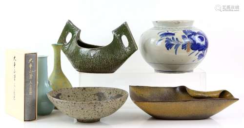 An interesting collection of Japanese Ceramics, including: Three sakazuki; a yunomi; a pair of