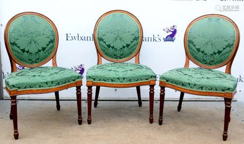 Set of eight 19th century mahogany dining chairs with inlaid floral decoration, beaded borders, on