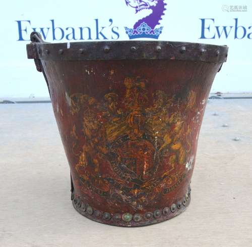 19th century stud bound leather fire bucket with Royal crest, H.24cm