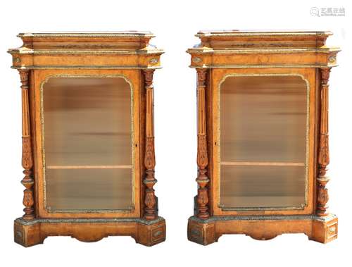 Pair of 19th century satinwood crossbanded and floral marquetry inlaid cabinets,with gilt metal