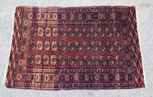 Turkoman Bokhara rug, repeating elephant pad motifs on a red ground, within repeating geometric