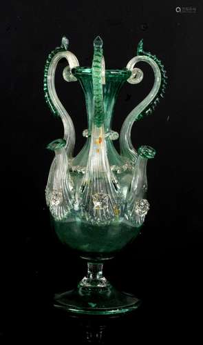 Compagnia Venezia-Murano (CVM), Venice, hand blown green and clear glass vase, with flared spout,