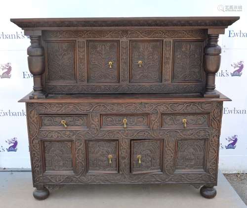 18th century and later floral carved oak buffet, with carved cornice and twin baluster turned