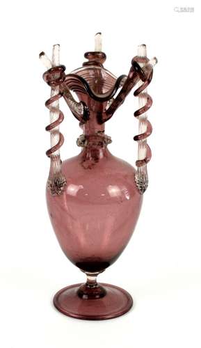 Venetian hand blown glass vase in amethyst with amethyst twists encircling clear glass strands, late