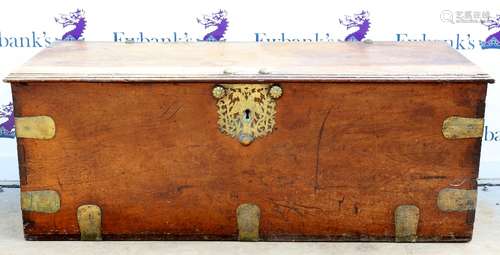 19th century mahogany and brass bound trunk with twin ring handles and double bird head key hole