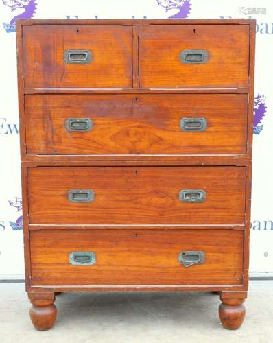 19th century cedar trooper's cedar wood chest of two sections, two short over three long drawers