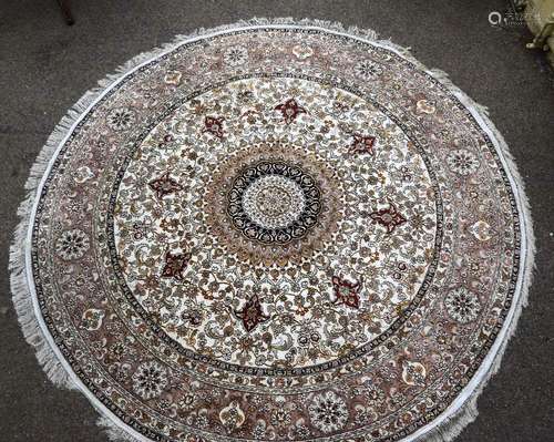 Persian style part silk circular rug, central floral medallion on a cream ground with stylised