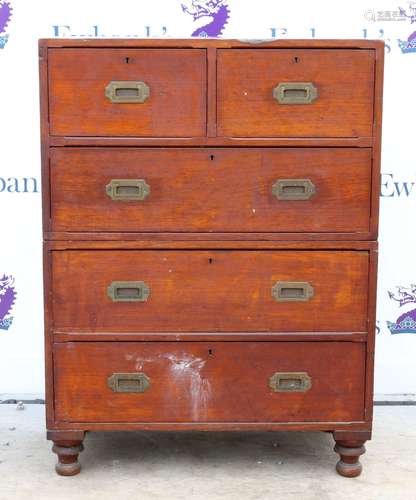 19th century trooper's teak chest of two sections with two short over three long drawers on turned