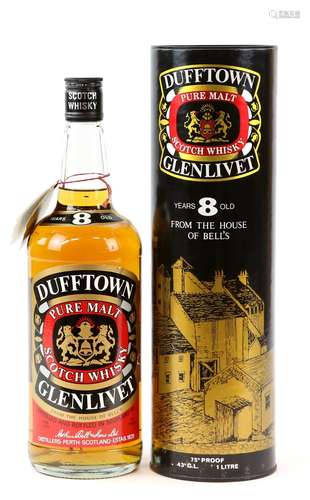 Dufftown Glenlivet 8 years old. 1L. 75 Proof. Bottled by Arthur Bell & Sons Ltd. Old red and black