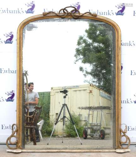 19th century gilt gesso framed mirror with rope twist decoration and bow surmount, H190cm x W163cm,