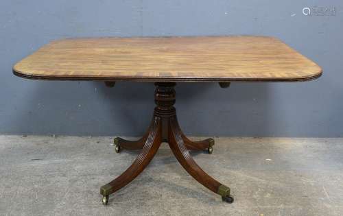 19th century mahogany rectangular tilt top breakfast table on column support to splayed legs 102cm x