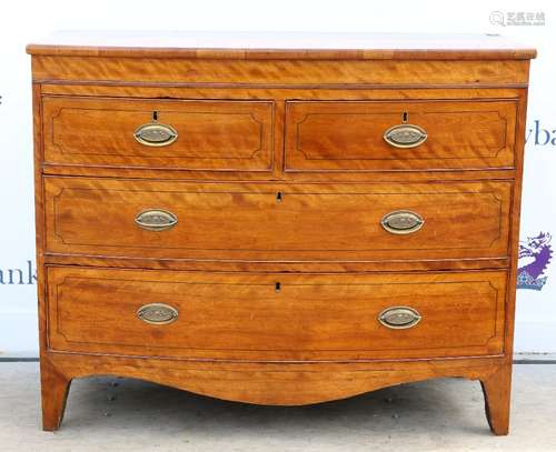 19th century inlaid mahogany and satinwood crossbanded bowfronted chest of two short over two long