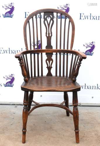 19th century high back yew wood Windsor armchair with pierced splat and turned spindles the elm seat