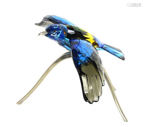 Swarovski Blue Turquoise Roller Bird, on chrome branch-like stand, with box, h17cm