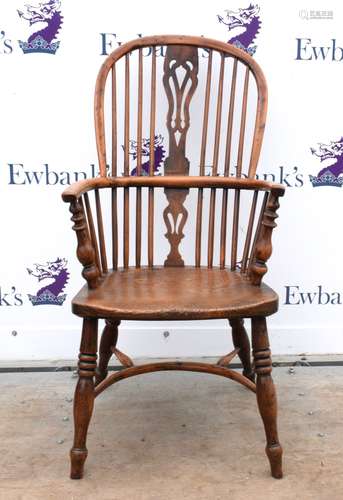 Frederick Walker of Rockley, 19th century high back yew wood Windsor armchair with pierced splat and