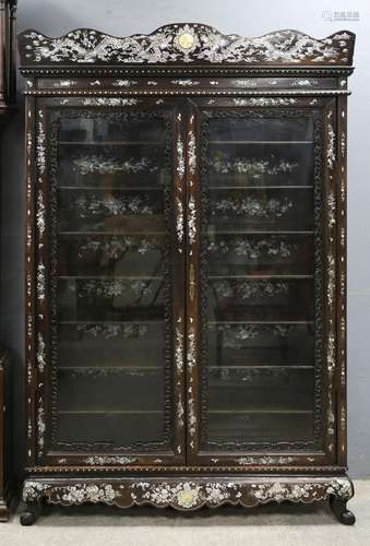 Vietnamese or other East Asian glazed, hardwood cabinet with hinged doors opening to reveal a design