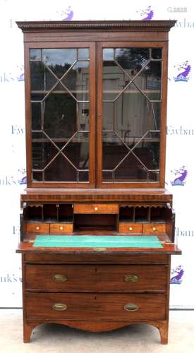 19th century mahogany secretaire bookcase, the dentil cornice above astragal glazed doors,