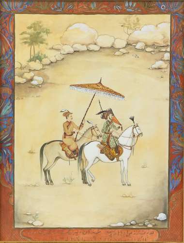 A Mughal style picture of two horsemen, possibly intended as a Maharana of The Mewar Kingdom, framed