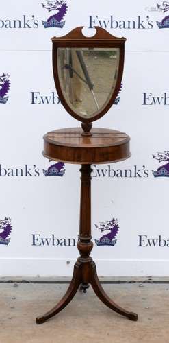 19th century mahogany shaving stand, shield shaped mirror with bevelled glass plate above round