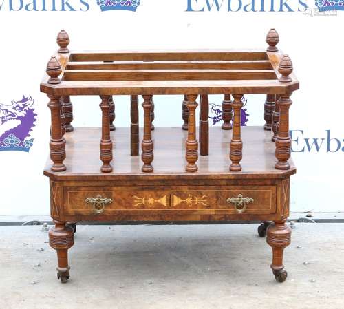 Victorian burr walnut Canterbury with marquetry inlaid decoration, single drawer on turned supports,