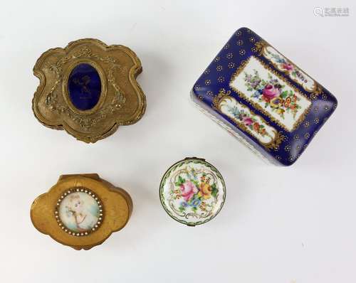 Four jewellery boxes, two gilt metal with inset blue plaque and painting of a woman, two porcelain