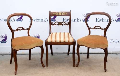 Five Victorian balloon back side chairs on cabriole legs and a Regency mahogany side chair with