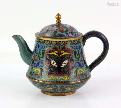 Oriental cloisonne enamel teapot, decorated with scrolling foliage and masks, H.14cm