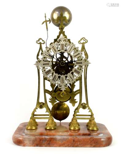 20th century brass skeleton clock, pierced chapter ring with Roman numerals, single train fusee