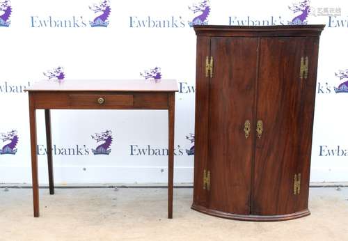 Early 19th century mahogany bow front hanging corner cupboard, H103 x W68 x D46cm, together with a