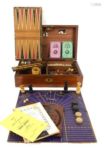 Game compendium, retailed by Asser & Sherwin, in mahogany box, 34cm x 20cm x 10cm, letter scales