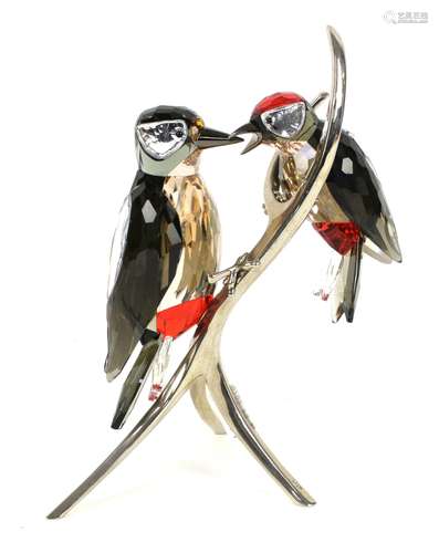 Swarovski Woodpeckers Black Diamond, on chrome stand, with box and certificate, 22cm