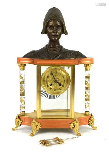 20th century mantel clock, brass drum movement marked Paris, mercury pendulum, with cast metal