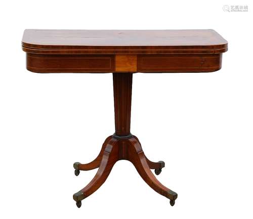 19th Century mahogany, rosewood cross banded and satinwood strung folding card table on column