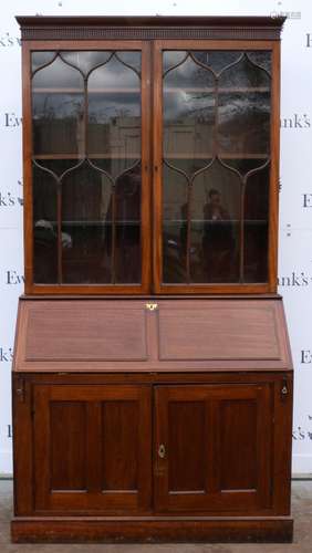 19th century mahogany bureau bookcase, the top with glazed doors above base with fall front